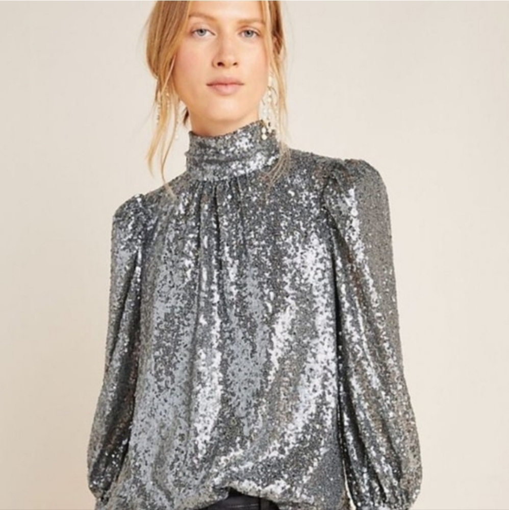 Anthropologie Sunday In Brooklyn Luna Silver Sequined Blouse Petite Size XS